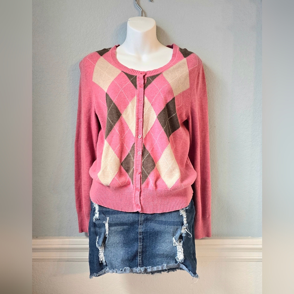 Sonoma Pink Argyle Women's Cardigan In Salmon & Brown ◇ Size Large